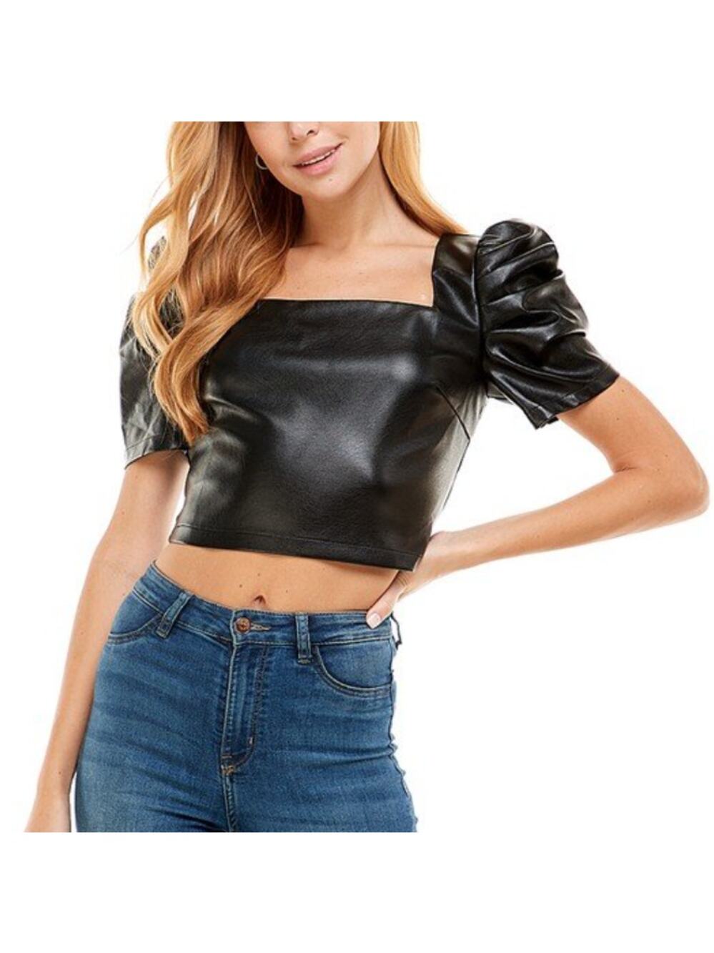 Pants Store Faux Leather Puff Sleeve Crop Top Square Neck Fitted Black Womens M